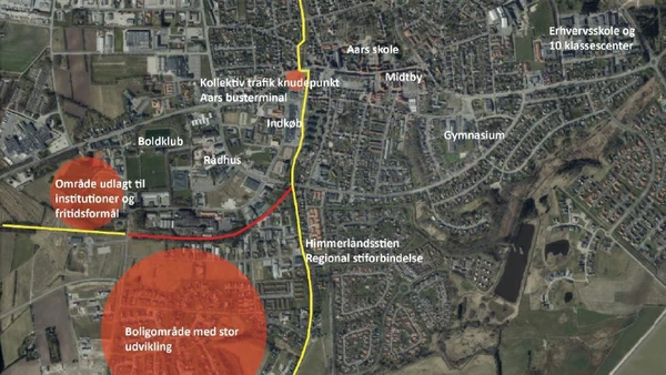 Kort, der viser, hvor den nye cykelsti bliver placeret. Den nye cykelsti er markeret med rødt, mens Himmerlandsstien og den øvrige stiforbindelse er markeret med gul.