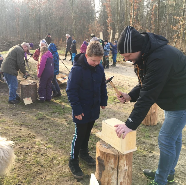 Billede af der bygges fuglekasser i skoven