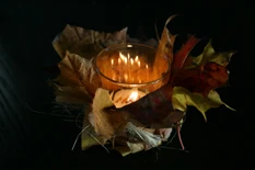 Billede af lys i glas med visne blade omkring