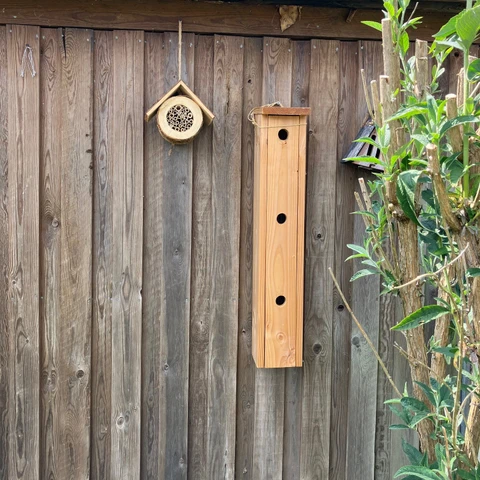 En fuglekasse / redekasse i tre plan samt et insekthotel