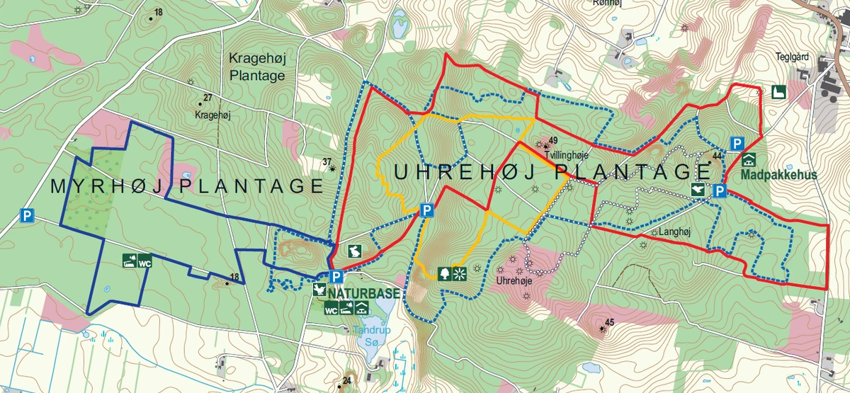 Kort over vandreruter i Uhrehøje og Myrhøj Plantage