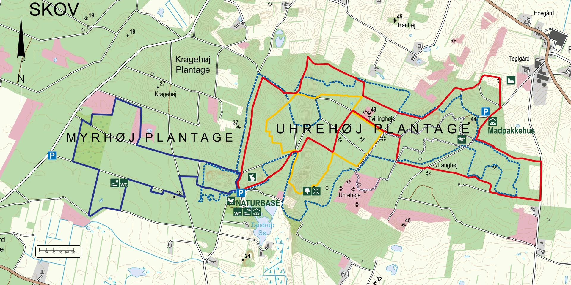 Kort over vandreruter og aktiviteter i Uhrehøje Plantage