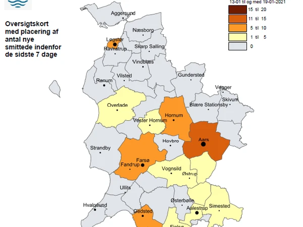 Kort med Covid-19 tilfælde 19. januar 2021